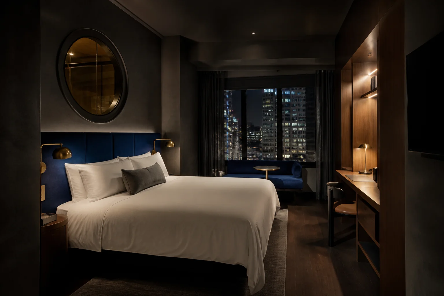 Orbit King room with a cobalt headboard and city view